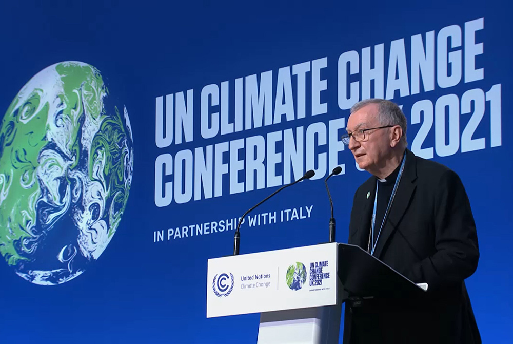 Cardinal Pietro Parolin, the Vatican secretary of state, read an excerpt from the message on the pope's behalf on Nov. 2, the second day of a two-day summit of world leaders, during COP26 at Glasgow, Scotland. (EarthBeat screengrab) Cardinal Pietro Parolin, the Vatican secretary of state, read an excerpt from the message on the pope's behalf on Nov. 2, the second day of a two-day summit of world leaders, during COP26 at Glasgow, Scotland. (EarthBeat screengrab)